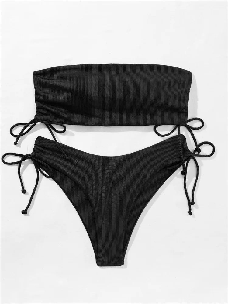 2025 Sexy Low Waist Swimwear New Solid Bandeau Bikini Set Women Push Up Drawstring Beachwear Swimsuit Backless bathing suit - Sun Studio