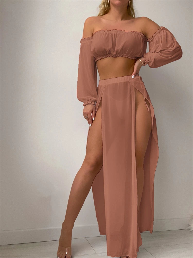 Swimwear Women 2026 New Solid Long Sleeves Ruffle Bandeau Swimsuit Long Skirt Mesh Smock 2 Piece Beach Wear Bathing Suit Female - Sun Studio