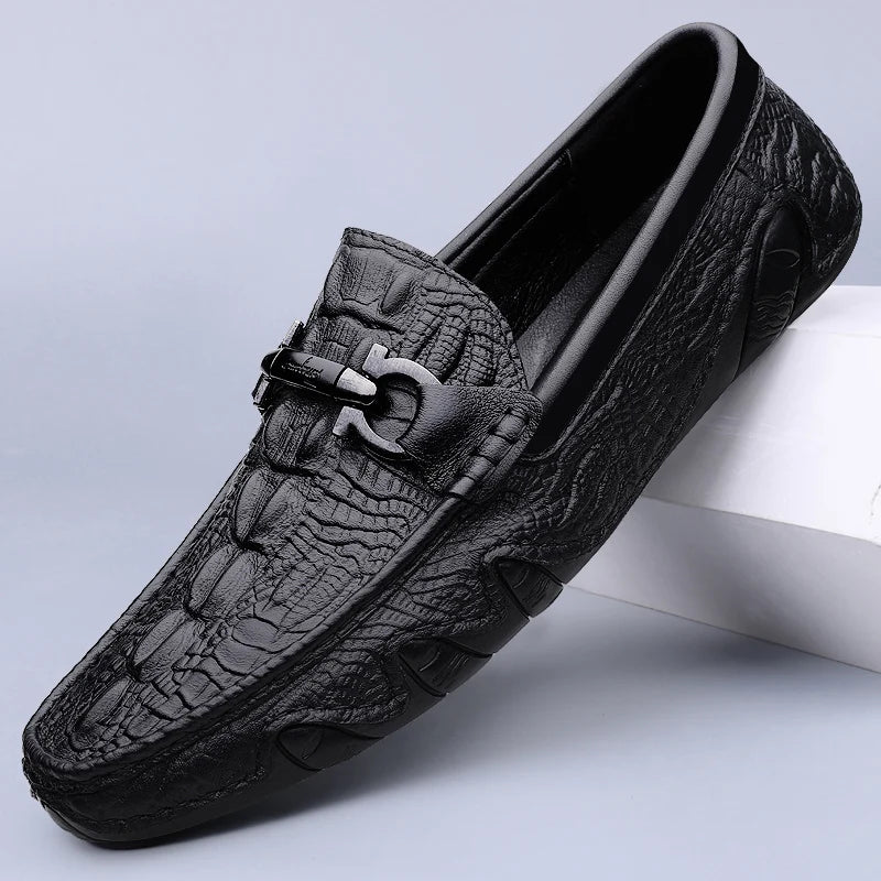 Mens Slip On Loafers Genuine Leather Casual Shoes Driving Moccasins Flats Luxury Brand Classic Black Handmade - Sun Studio