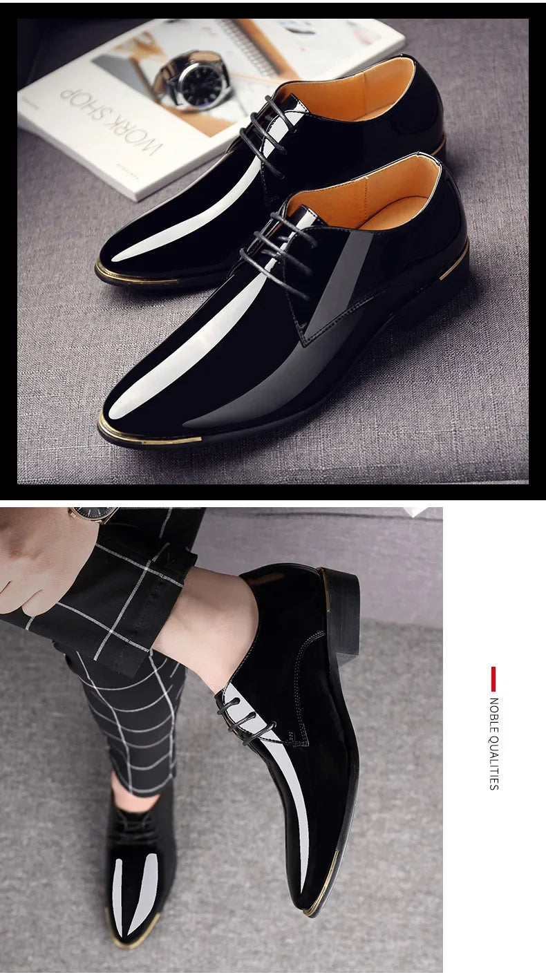 2024 New Men’s Patent Leather Shoes  British Style Men's Dress Shoes Lace Up Pointed Toe Wedding Business Party Social Shoe Male - Sun Studio