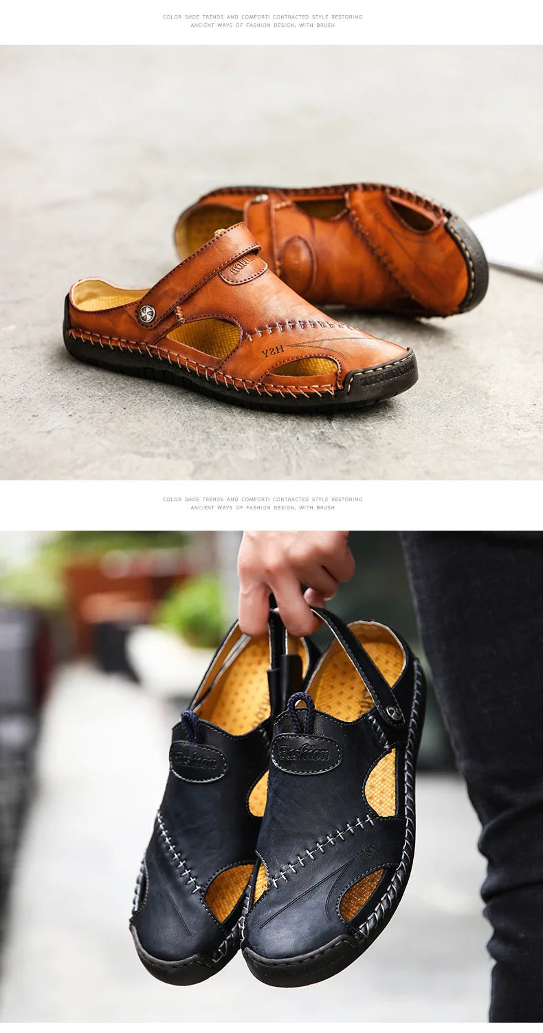 Large Size Men's Sandals Casual Leather Beach Shoes Breathable Slip-On Durable Stitched Construction Comfortable Walking Sandals - Sun Studio