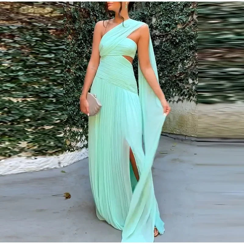 Elegant Hollow Out Ribbon Long Party Dress Women Pleated Spliced Sleeveless Backless Dresses 2025 Summer Lady Beach Holiday Robe - Sun Studio