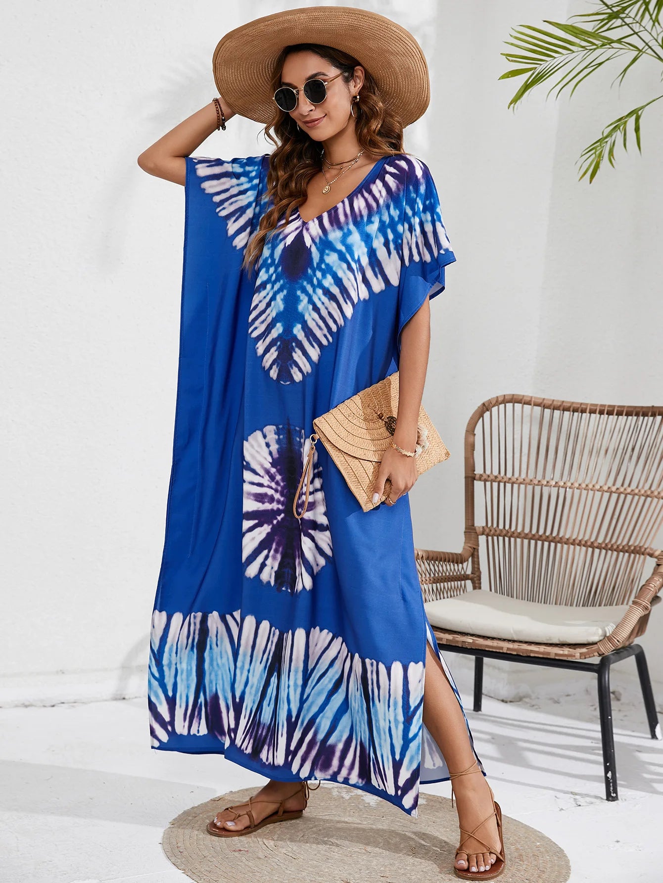 Kaftan Dresses for Women Plus Size Tie Dye Batwing Sleeve Caftans Swimsuit Coverup Maxi Dress Loungewear - Sun Studio