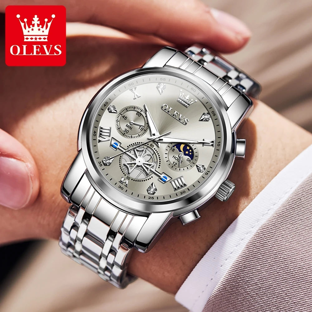 OLEVS Men's Watches Classic Multifunctional Flywheel Design Stainless steel Waterproof Moon Phase Men's Wristwatches 2024 Trend - Sun Studio