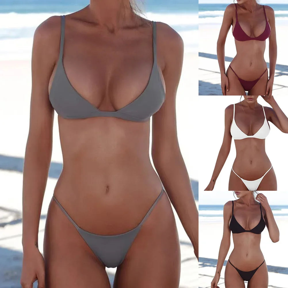 Womens Solid Color Two Piece Sexy Swimsuit Suit Fashion Casual Versatile Bar Bikini Set Beach Pool Party Low Rise Swimwear - Sun Studio