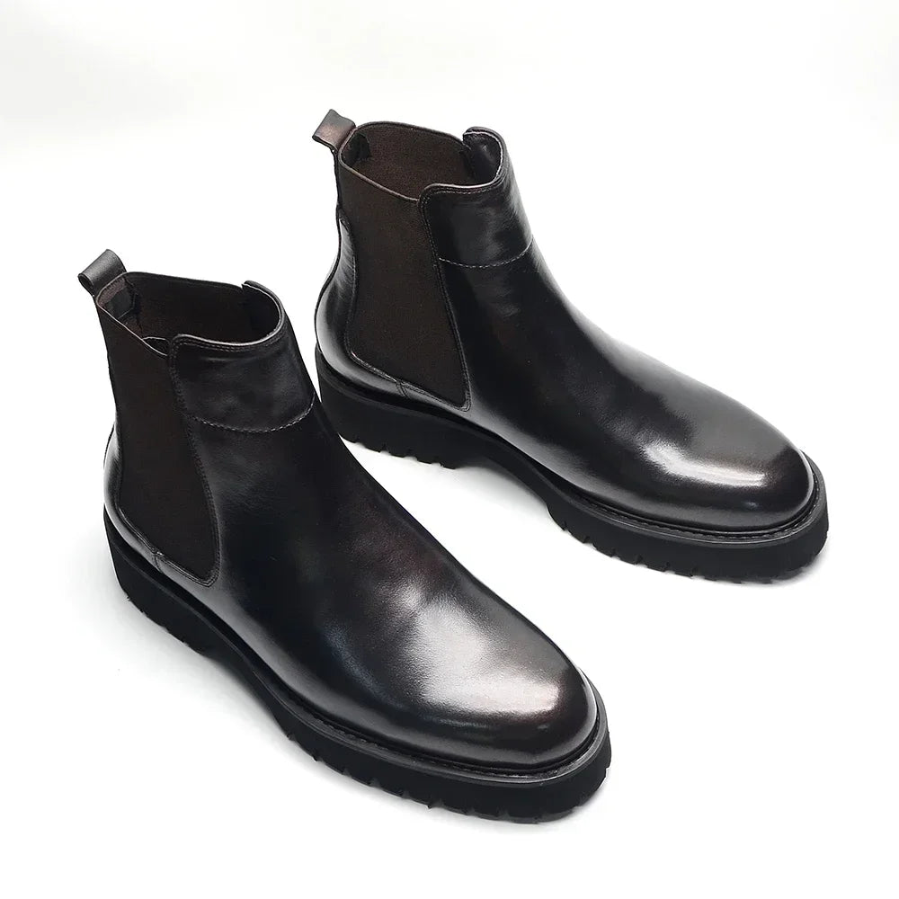 British Style High Top Men's Chelsea Boots Increase Height Classic Luxury Genuine Leather Elastic Band Men Autumn Winter Shoes - Sun Studio