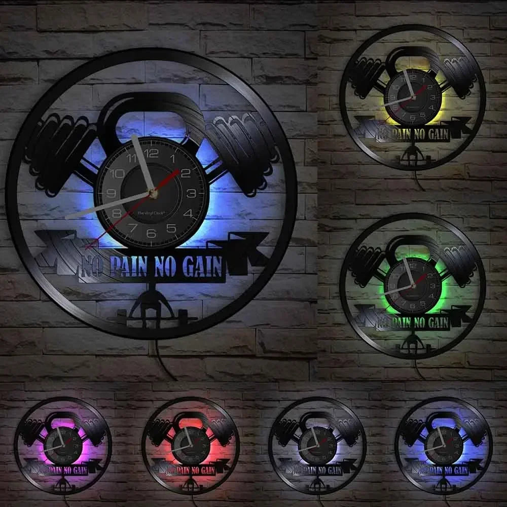 Fitness Equipment Thema Vinyl Schallplatte Fitness Wanduhr Heimdekoration LED Hintergrundbeleuchtung Moderne Fitness Uhr
