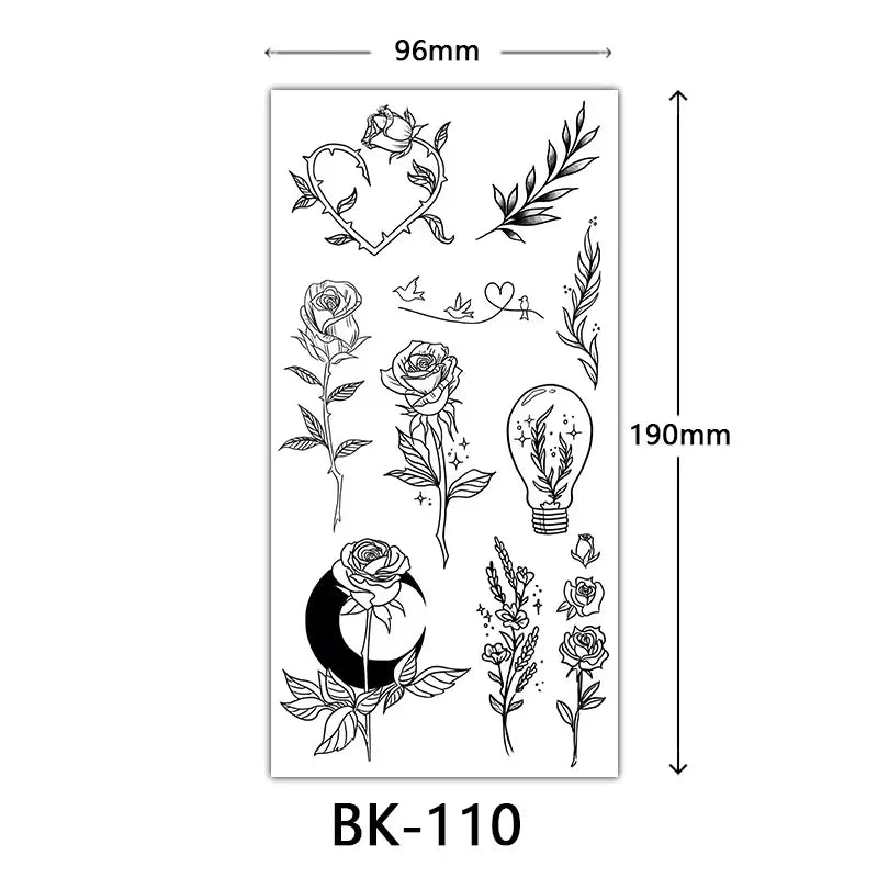 Rosenblüten-Tattoo Temporäres wasserdichtes Schmetterlings-Fake-Tattoo für Frauen Schwarzes Blumen-Skizzen-Tattoo-Aufkleber