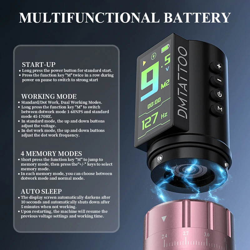 DM Venom Wireless Adjustable Stroke Tattoo Machine Adjustable Stroke 2.4-4.2mm With 2300mAh Powerful Color Screen Battery - Sun Studio