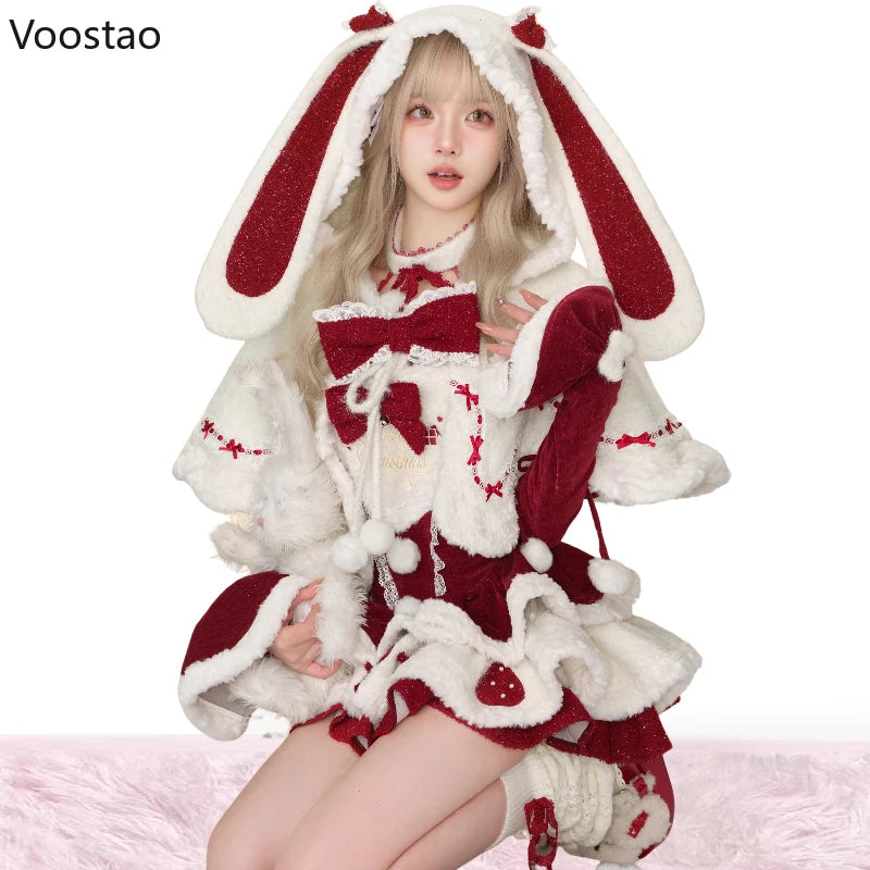 Autumn Winter Christmas Lolita Style 3 Piece Set Women Sweet Plush Bunny Ear Hooded Cloak Coat Bow Mini Dresses Y2k Cosplay Suit - Sun Studio