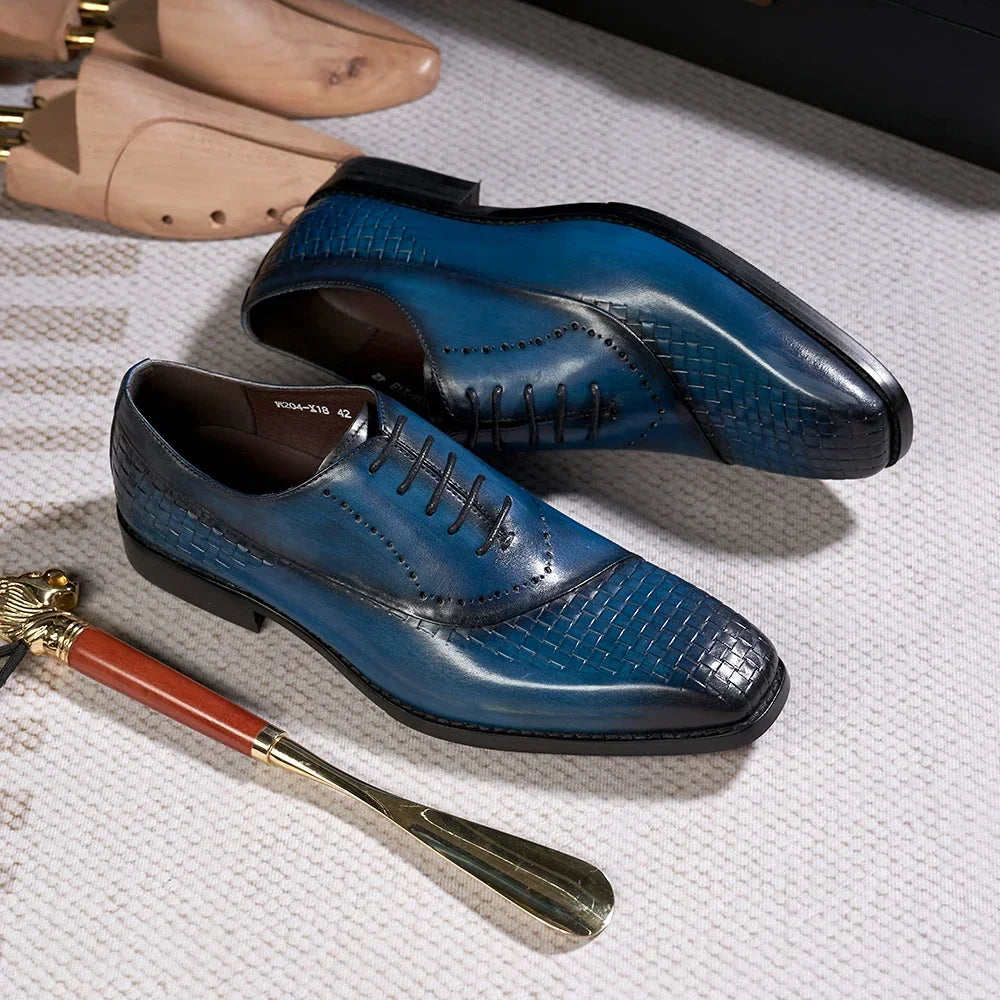 Men's Genuine Leather Oxfords Fashion Pointed Toe Wedding Party Dress Shoes Luxury Lace-Up Office Career Formal - Sun Studio