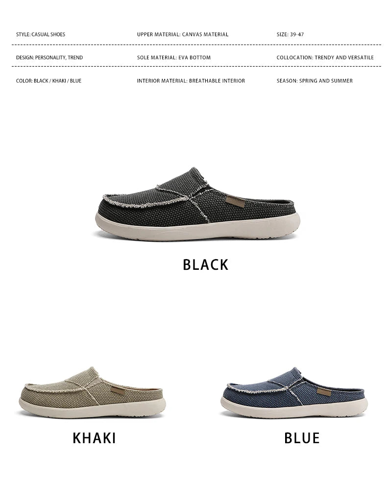 Casual Slip on Mens Shoes Outdoor Walking Comfortable Canvas Slippers Korean Trend Baotou Half Drag Slides Zapatillas Hombre - Sun Studio