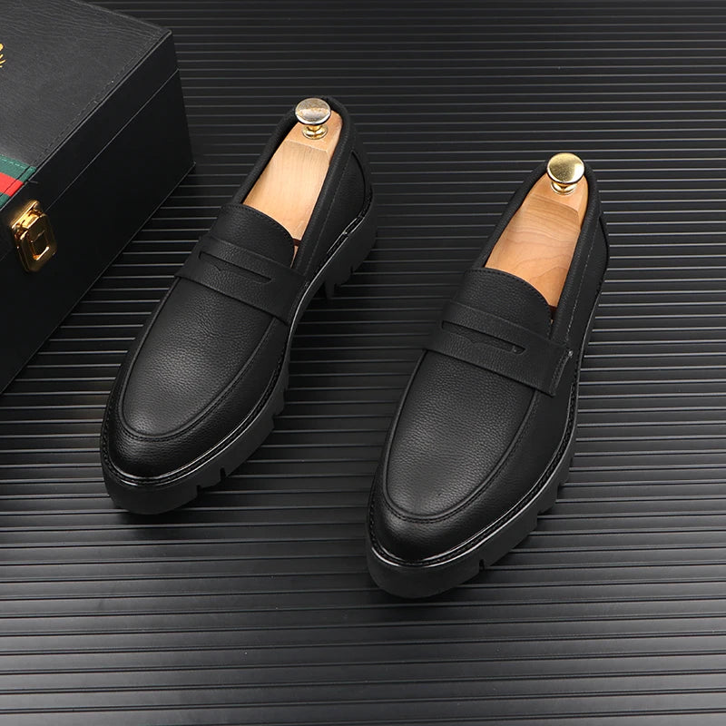 men casual genuine leather shoes slip-on driving shoe business wedding formal dress black trendy platform loafers mans footwear - Sun Studio