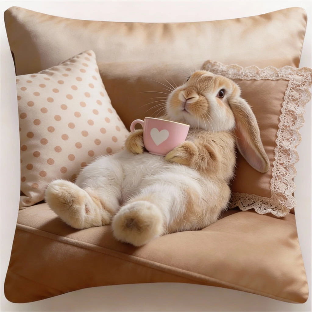 Adorable Bunny with Coffee Cup Print Pillowcase - Home Decor, Perfect for Living Room and Bedroom, Ideal Gift for Animal Lovers - Sun Studio