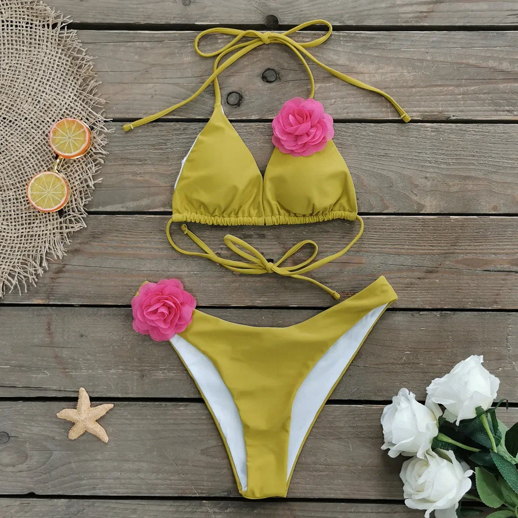 2026 New Sexy White 3D Flower Solid Two Piece Push Up Bikini Set Luxury Swimwear Women Swimsuit Beachwear Summer Bathing Suit - Sun Studio