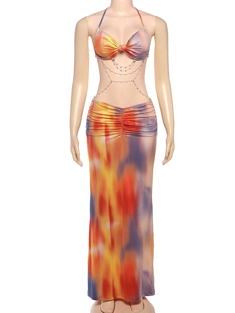 kliou Pearl Splice Stunning Dresses Women Sexy Tie Dye Tassel Bandage Hollow Shirring Maxi Bodycon Lady Vacation Party Vestidos - Sun Studio