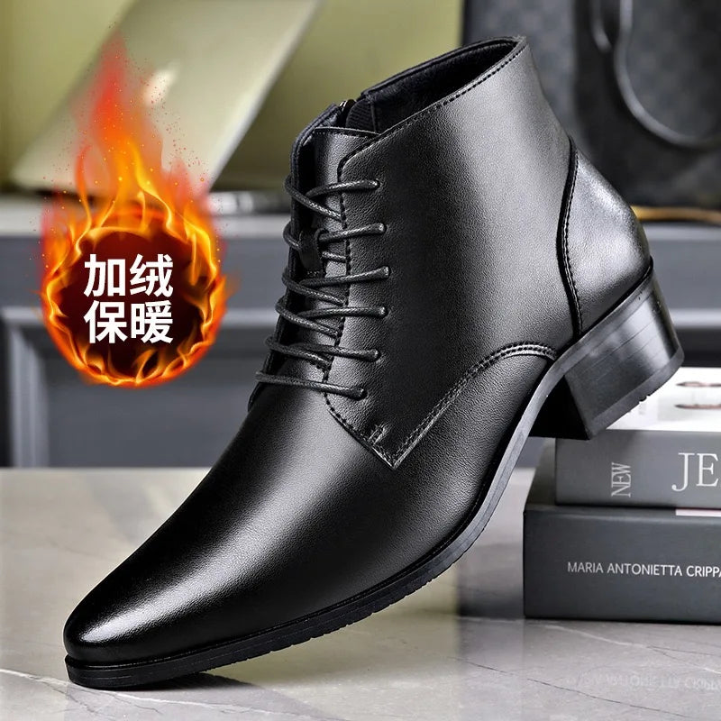 Men's Boots Fashion High-top Casual Boot Pointed Tip Business Leather Boots for Men Plush Warm Winter Boots Lace Up Ankle Botas - Sun Studio