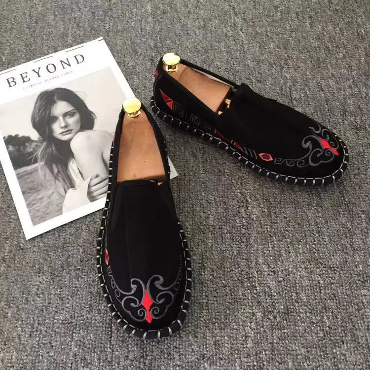 Old Beijing Cloth Shoes Embroidery Flower Social Guy Male Moccasin-Gommino Student Casual Shoes Fashion National Chinese Style - Sun Studio