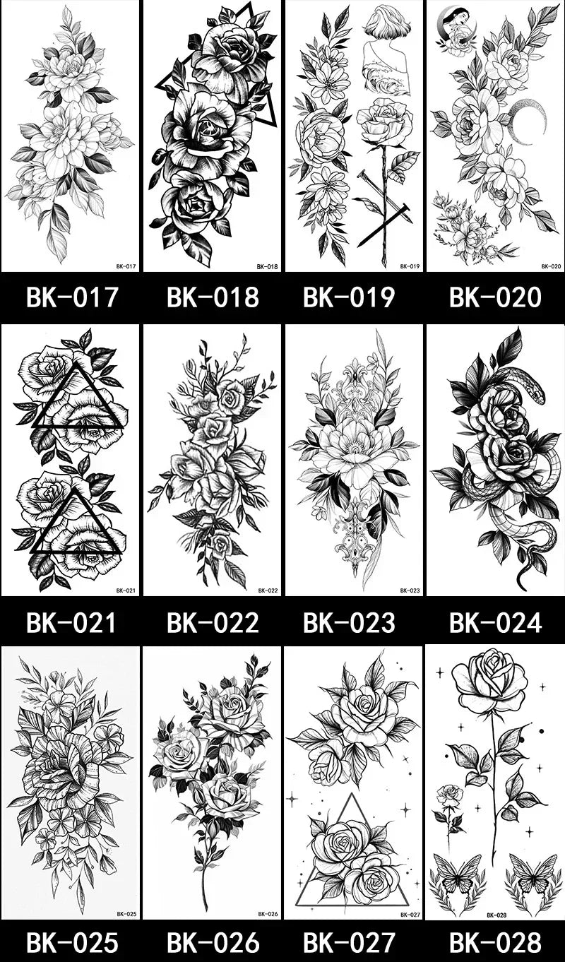 Rose Blossom Tattoo Temporary Waterproof Butterfly Fake Tattoo for Woman Black Flower Sketch Tattoo Sticker - Sun Studio