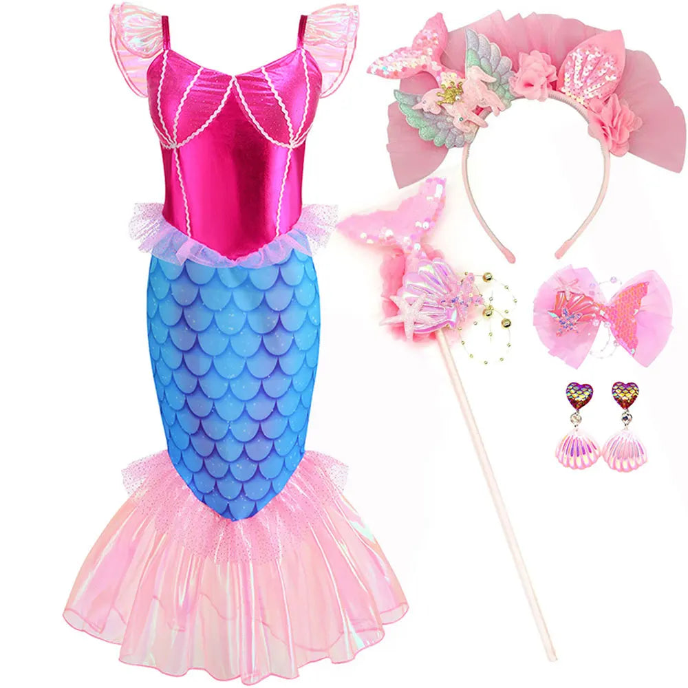 Disney Blue Red Purple Three Colors Mermaid Flying Sleeve Fishtail Beautiful Dress For Girl Summer Beach Party Cool Swimsuit Set - Sun Studio