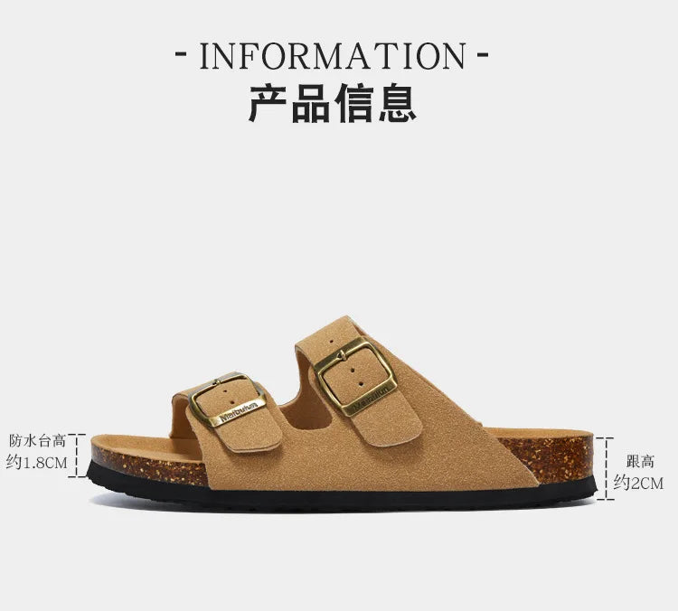 Summer Faux Suede Leather Cork Slippers Flip-flops Women Men Unisex Retro Wear Muller Slippers Fashion Casual Beach Sandals - Sun Studio