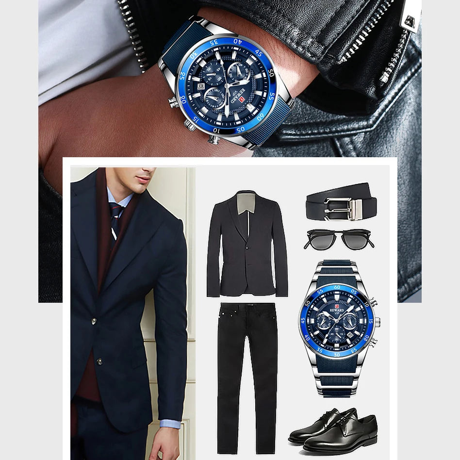 REWARD Blue Business Watches for Men Chronograph Silicone Quartz Wristwatch Man Wrist Watches Male Sports Waterproof Watch - Sun Studio