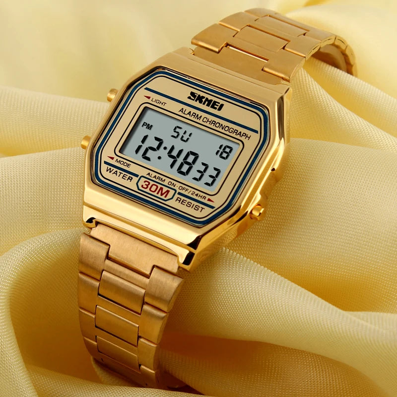 SKMEI Stainless Steel Strap Electronic Watches For Men Women Casual Sport Waterproof LED Display Digital Wristwatch and Bracelet - Sun Studio