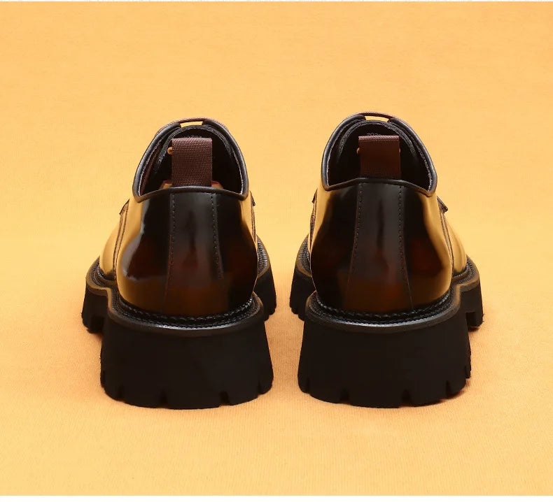designer men's leather shoes with thick soles round toe glossy leather business dress shoes Waxed cowhide lace up British shoes - Sun Studio