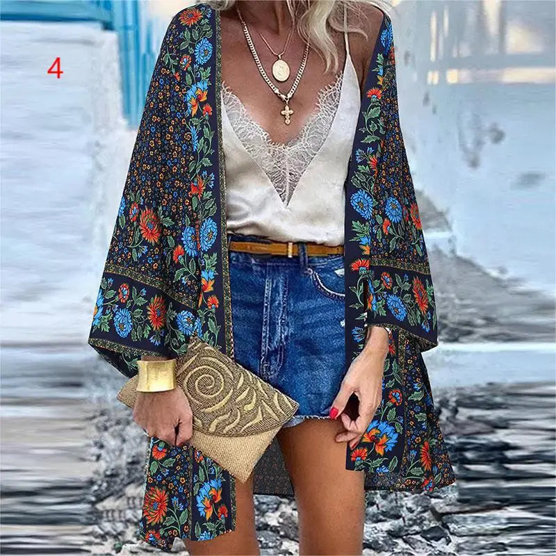 WeHello 2023 Summer Bohemian Casual Cloak Cardigan for Swimsuit woman Beach Swimwear Tops Long Sleeved Shawl Chiffon Shirt - Sun Studio