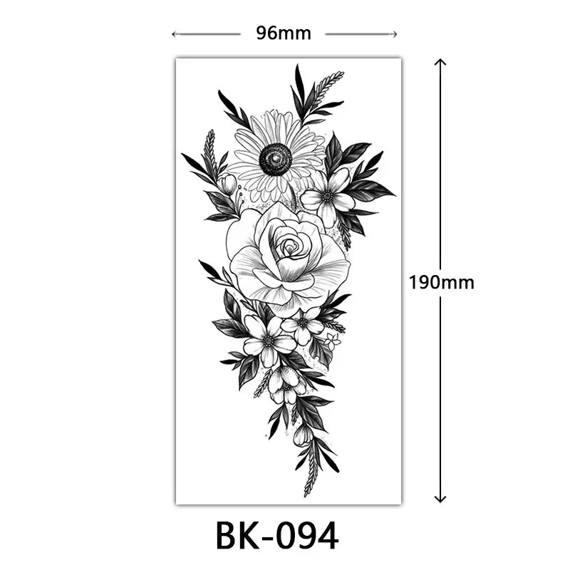 Rosenblüten-Tattoo Temporäres wasserdichtes Schmetterlings-Fake-Tattoo für Frauen Schwarzes Blumen-Skizzen-Tattoo-Aufkleber