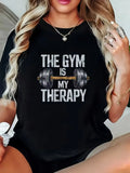 The Gym Is My Therapy Graphic T-Shirt Dumbbell Weightlifting Print Soft Casual Short Sleeve Women Daily Basic Top - Sun Studio