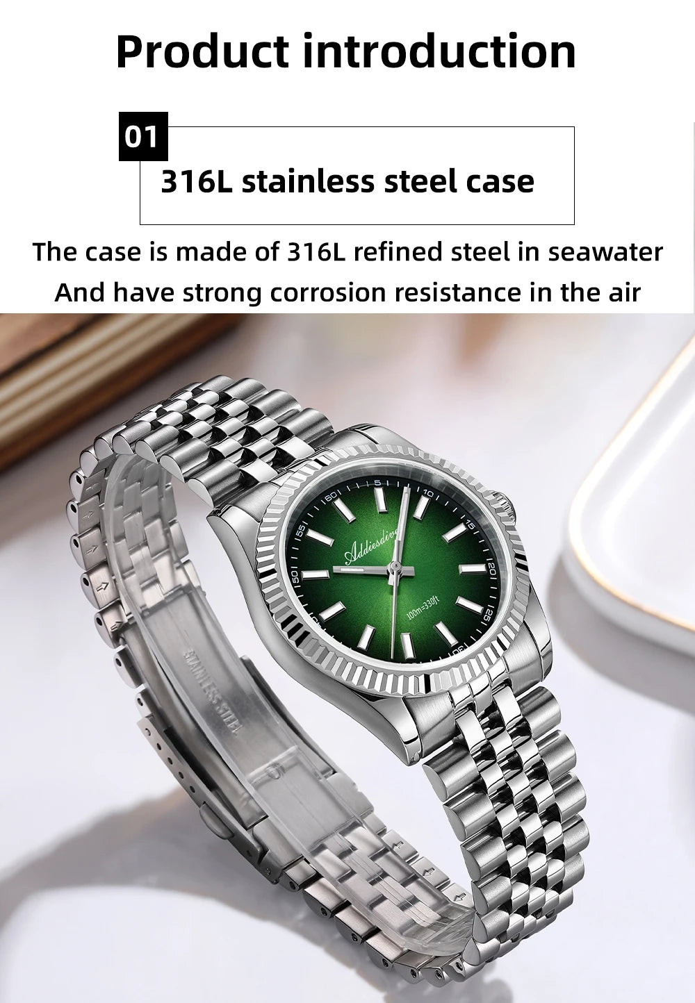 ADDIESDIVE AD2073 Men's Business Watch Sapphire Glass Stainless Steel Quartz Wristwatches Gradient Red Dial Watches Reloj Hombre - Sun Studio