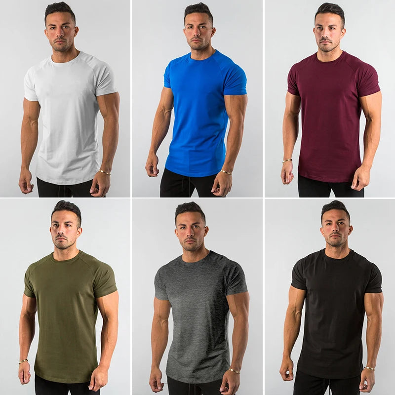 Gym T-shirt Men Short sleeve Cotton T-shirt Casual blank Slim t shirt Male Fitness Bodybuilding Workout Tee Tops Summer clothing - Sun Studio