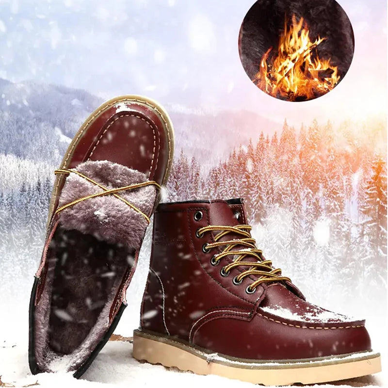 Winter Leather Men Boots Warm Mens Snow Boots with Fur Waterproof Handmade Male Ankle Boots No-slip High Top Male Work Shoes - Sun Studio