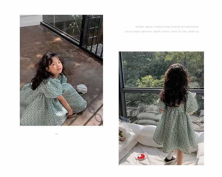 Girls Casual Dresses Floral Print Puffy Sleeves Dress Flower Girl Dresses Square Collar Clothes for Kids 3 To 7 Years - Sun Studio