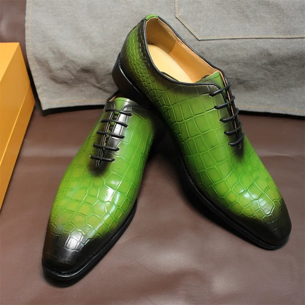 FELIX CHU Men's Genuine Cow Leather Shoes Crocodile Print Business Green Dress Shoes Formal Wedding Footwear for Spring Autumn - Sun Studio
