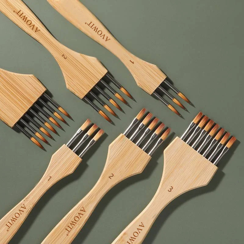 New wooden handle multi tooth brush set, flat head, round head artistic watercolor acrylic brush, multifunctional painting brush - Sun Studio