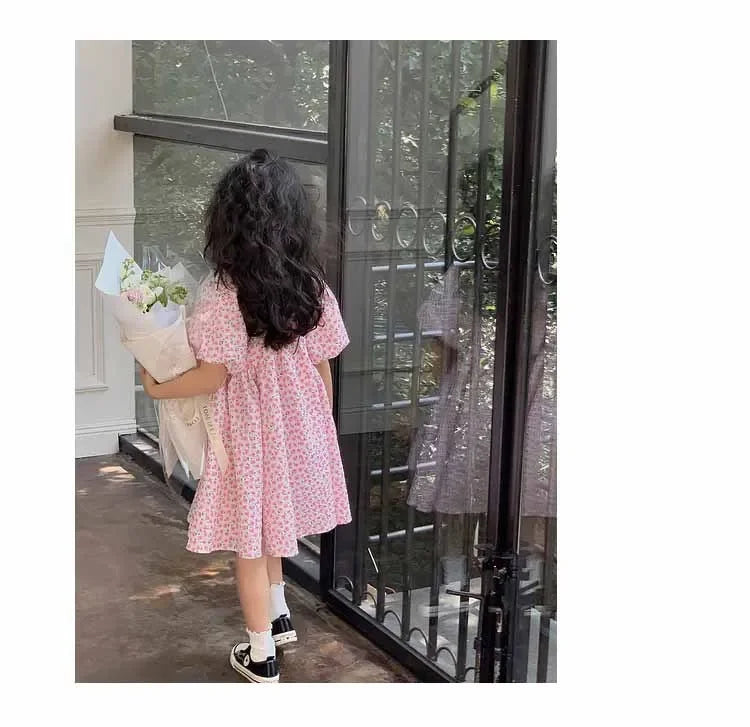 Girls Casual Dresses Floral Print Puffy Sleeves Dress Flower Girl Dresses Square Collar Clothes for Kids 3 To 7 Years - Sun Studio