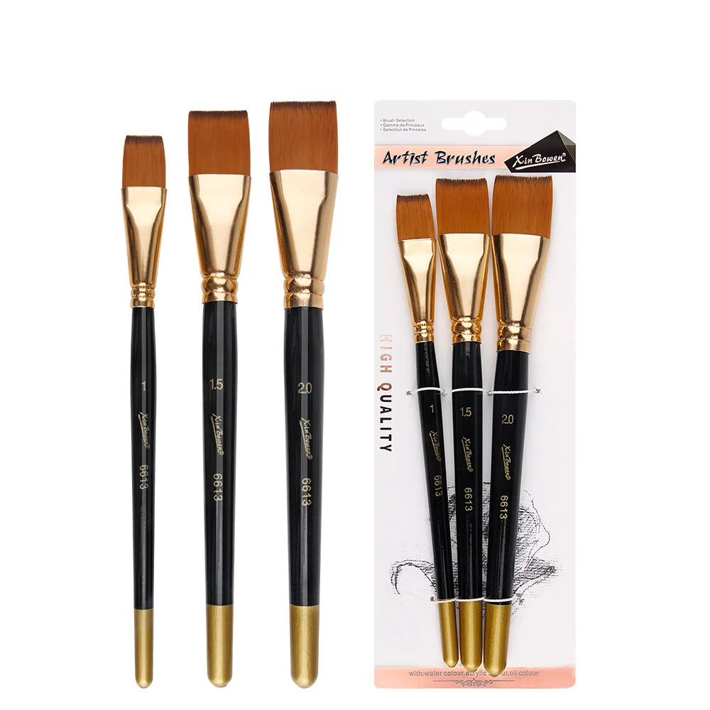 3pcs/Set Oil Painting Brushes-Wooden Mini Flat Nylon Paint Brush Set,Watercolor Brush for Body Painting Brush,Acrylic Art Paint - Sun Studio
