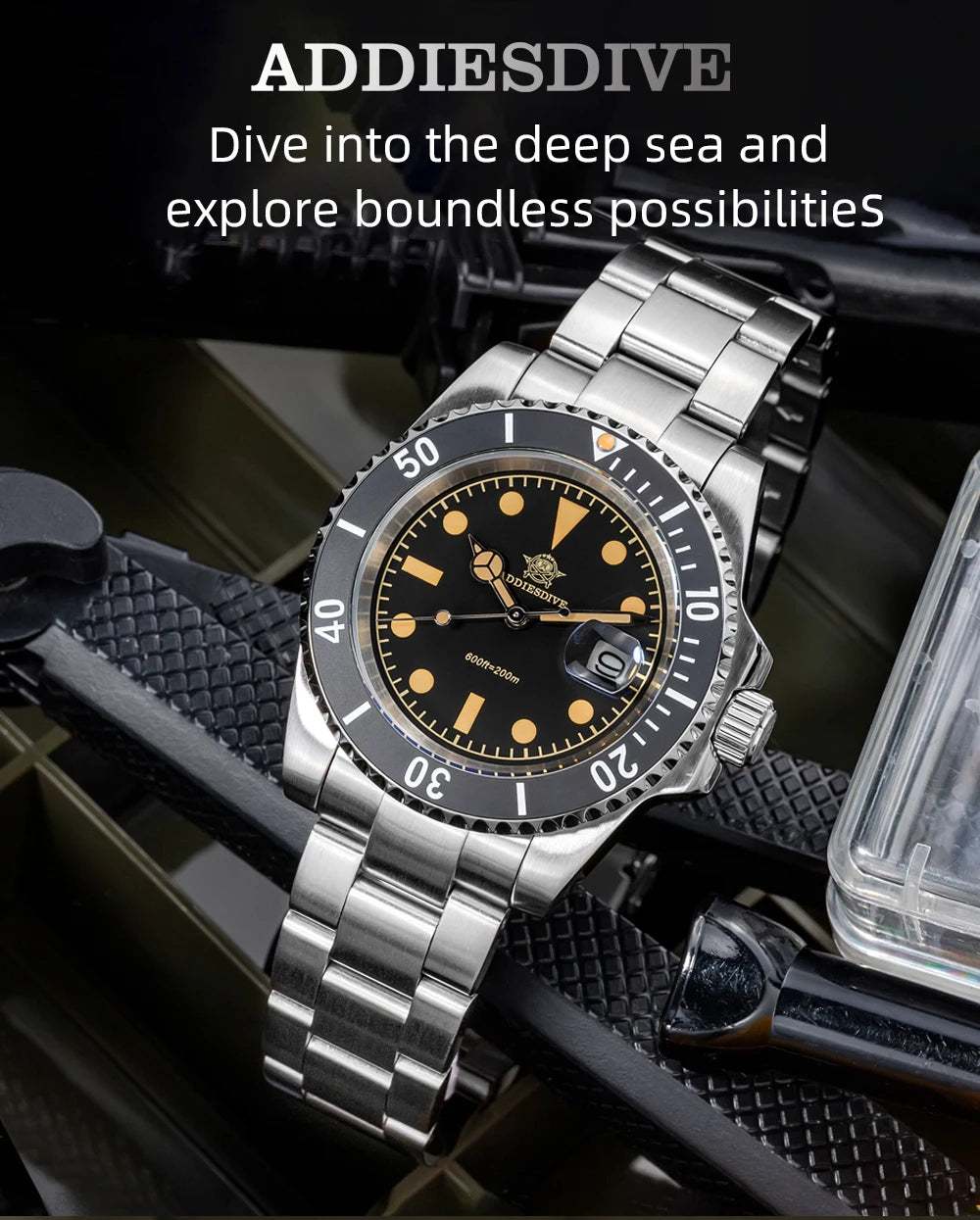 ADDIESDIVE Men's Watch Quartz Calendar Window 316L Stainless Steel Ceramic Bezel 20Bar Waterproof Luminous Watches 41mm - Sun Studio