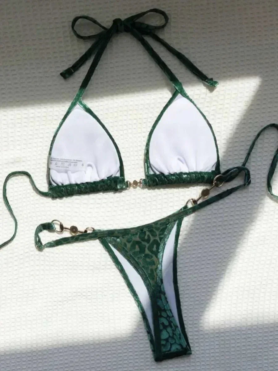 Sexy Leopard Velvet Bikini Mini Micro Thong Bikinis Women Swimwear Female Swimsuit Two-piece Bikini Set Halter Bathing Suit Swim - Sun Studio
