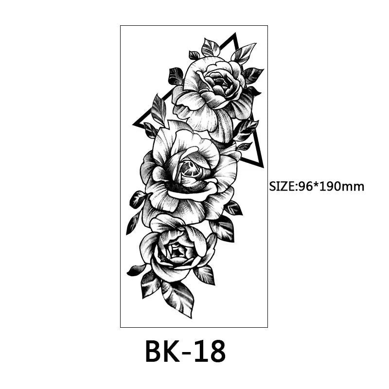 Rose Blossom Tattoo Temporary Waterproof Butterfly Fake Tattoo for Woman Black Flower Sketch Tattoo Sticker - Sun Studio