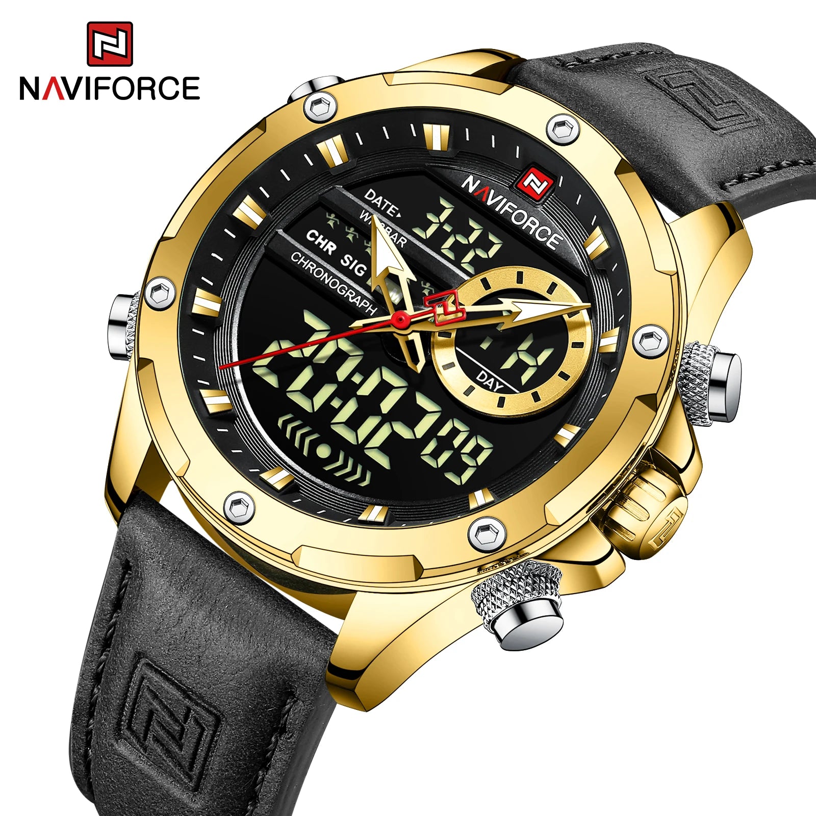 NAVIFORCE Luxus Original Uhren für Herren Freizeit Sport Chronograph Alarm Quarz Armbanduhr Leder Wasserdicht Digitale Uhr 9163