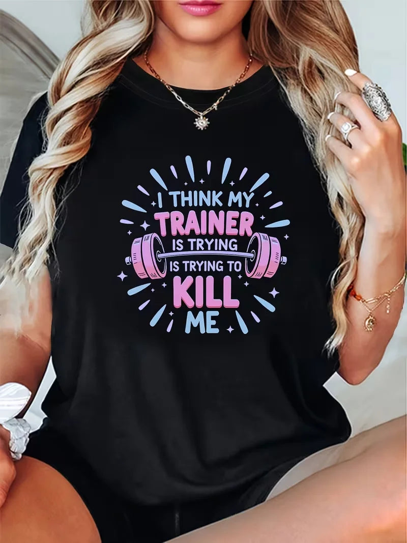 The Gym Is My Therapy Graphic T-Shirt Dumbbell Weightlifting Print Soft Casual Short Sleeve Women Daily Basic Top - Sun Studio