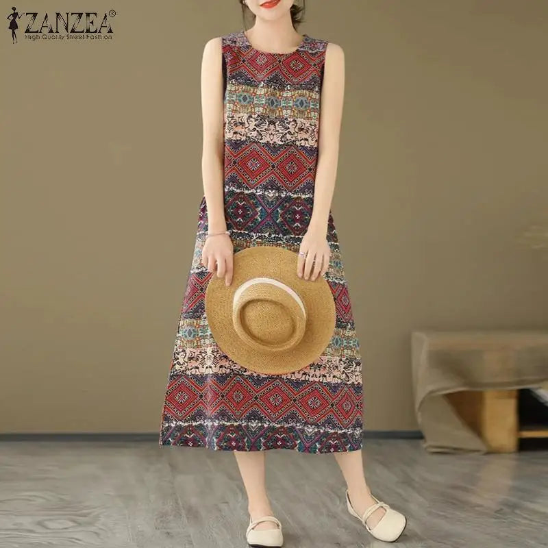 Women Bohemain Sleeveless Sundress ZANZEA Summer Printed Dress Vintage Beach Holiday Vestidos Casual O Neck Baggy Midi Dresses - Sun Studio