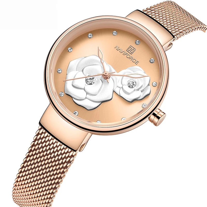 Women Watch NAVIFORCE Top Luxury Brand Steel Mesh Waterproof Ladies Watches Flower Quartz Female Wristwatch Charming Girl Clock - Sun Studio
