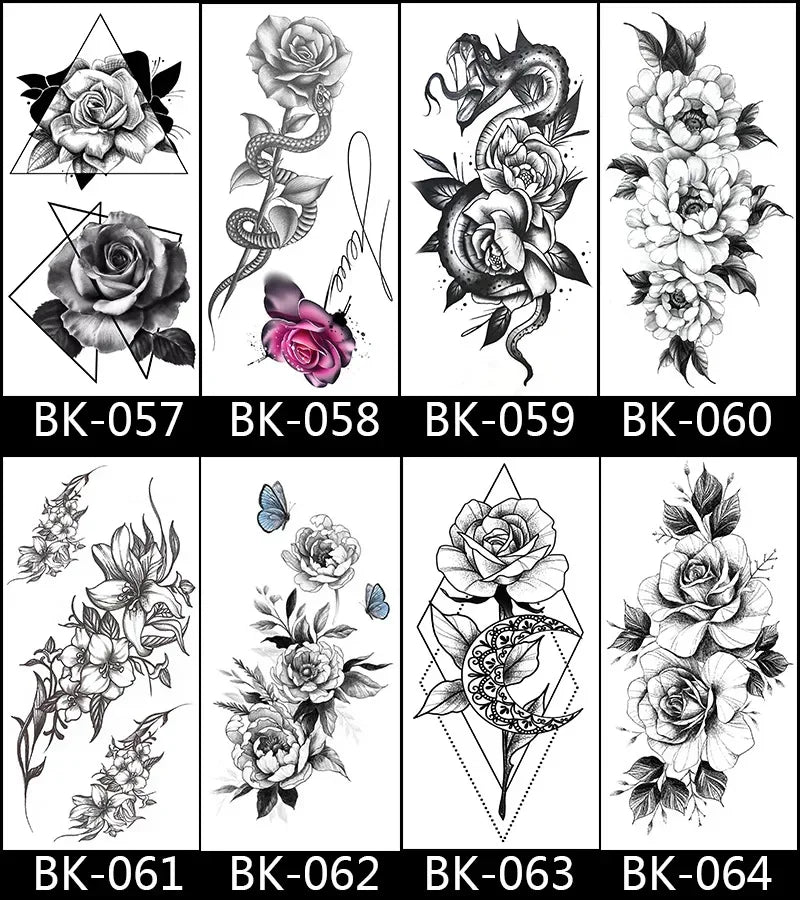 Rose Blossom Tattoo Temporary Waterproof Butterfly Fake Tattoo for Woman Black Flower Sketch Tattoo Sticker - Sun Studio