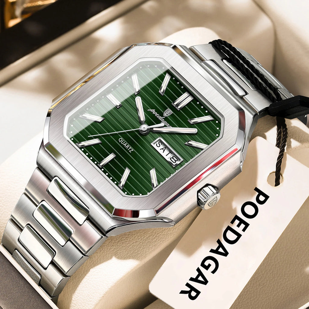 POEDAGAR Square Fashion Man Wristwatch Waterproof Luminous Date Week Quartz Men's Watches Stainless Steel Luxury Men Watch Reloj - Sun Studio