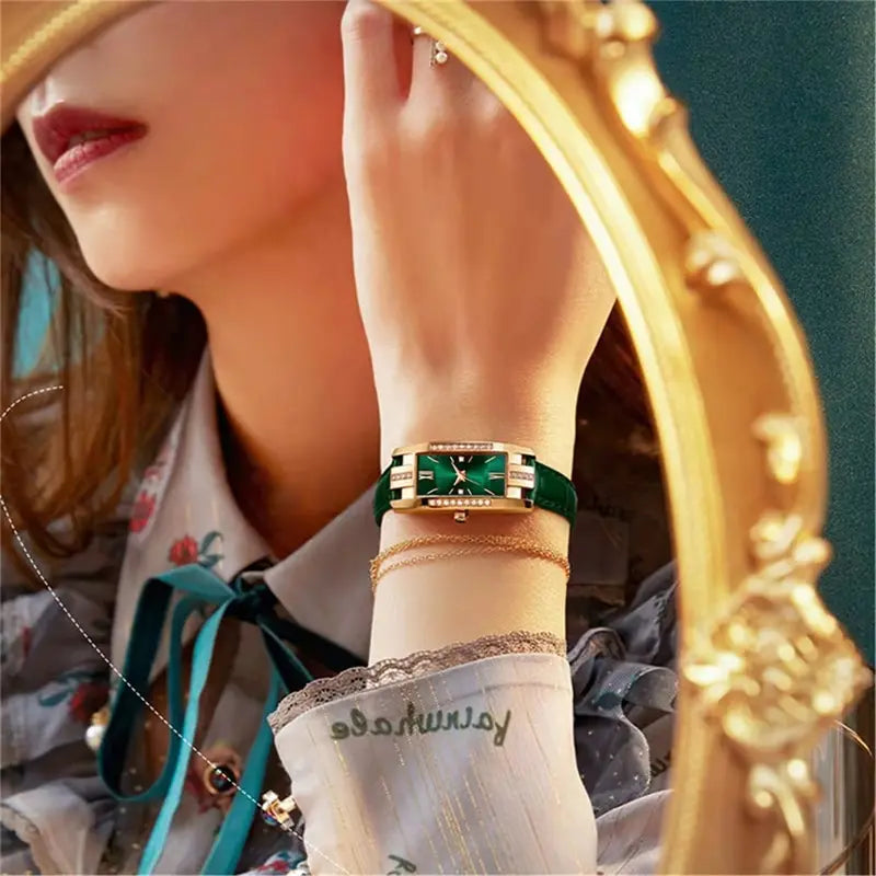 Womens Watches Fashion Square Ladies Quartz Watch Bracelet Set Green Dial Simple Leather Luxury Women Watches - Sun Studio