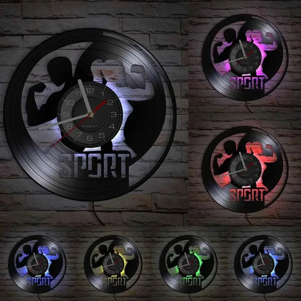 Fitness Equipment Thema Vinyl Schallplatte Fitness Wanduhr Heimdekoration LED Hintergrundbeleuchtung Moderne Fitness Uhr